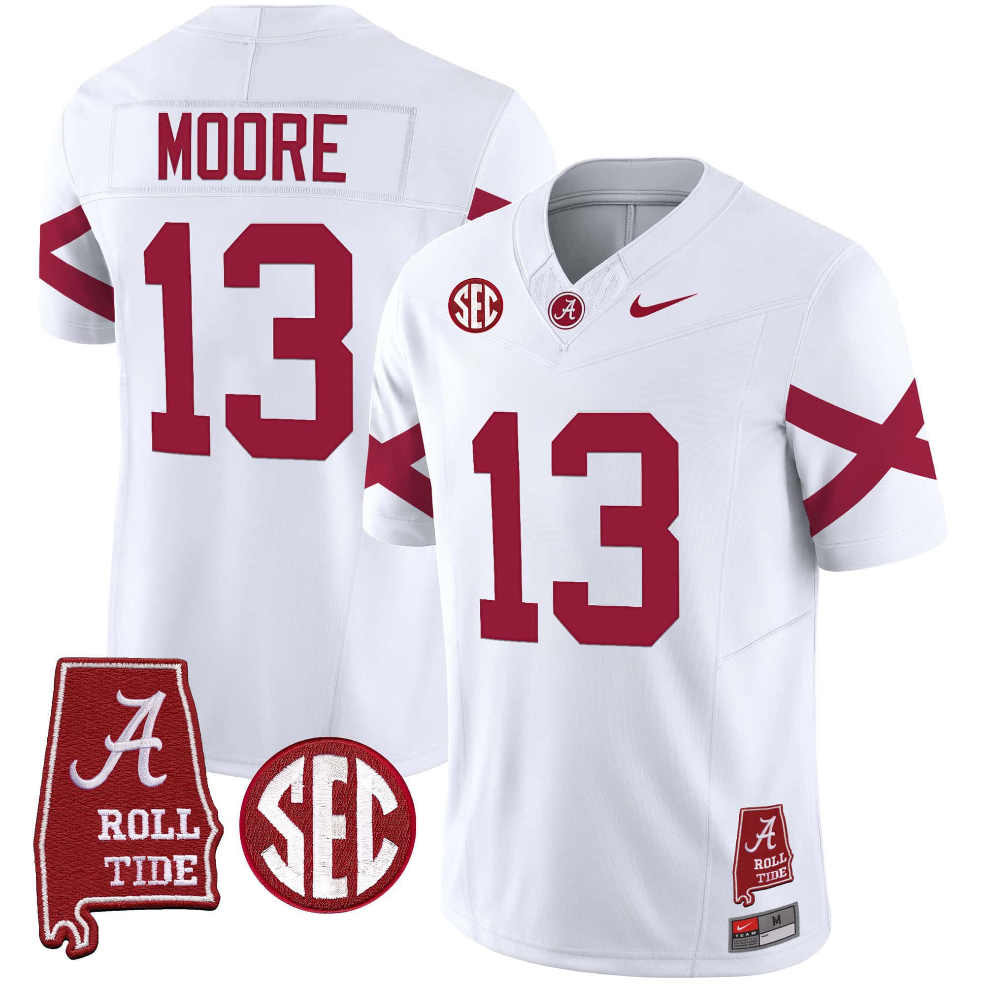 Men Alabama Crimson Tide #13 Moore White Map Vapor Limited 2024 Nike NCAA Jersey